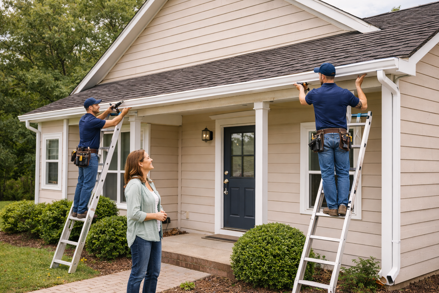 Professional gutter installation team working on a residential home with homeowner watching